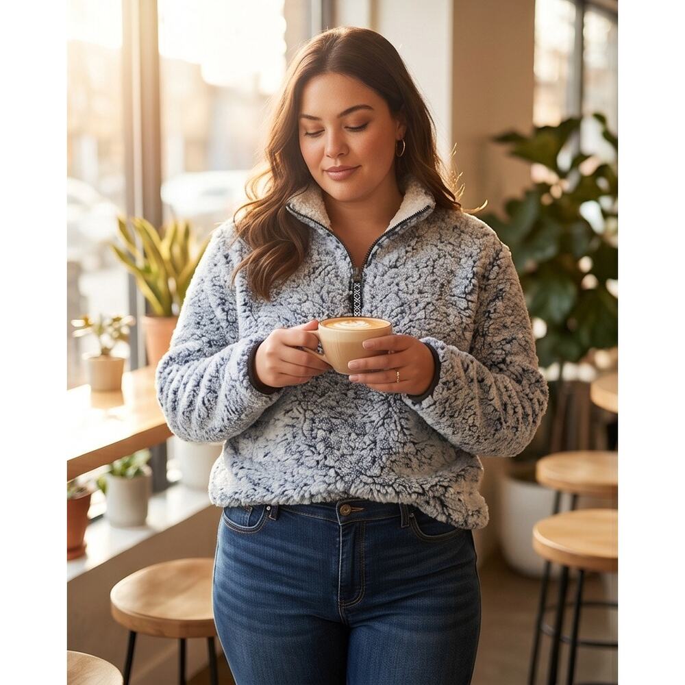 Time and Tru Women's Plus Size Blue Frosted Sherpa Quarter Zip Pullover, 20W-22W